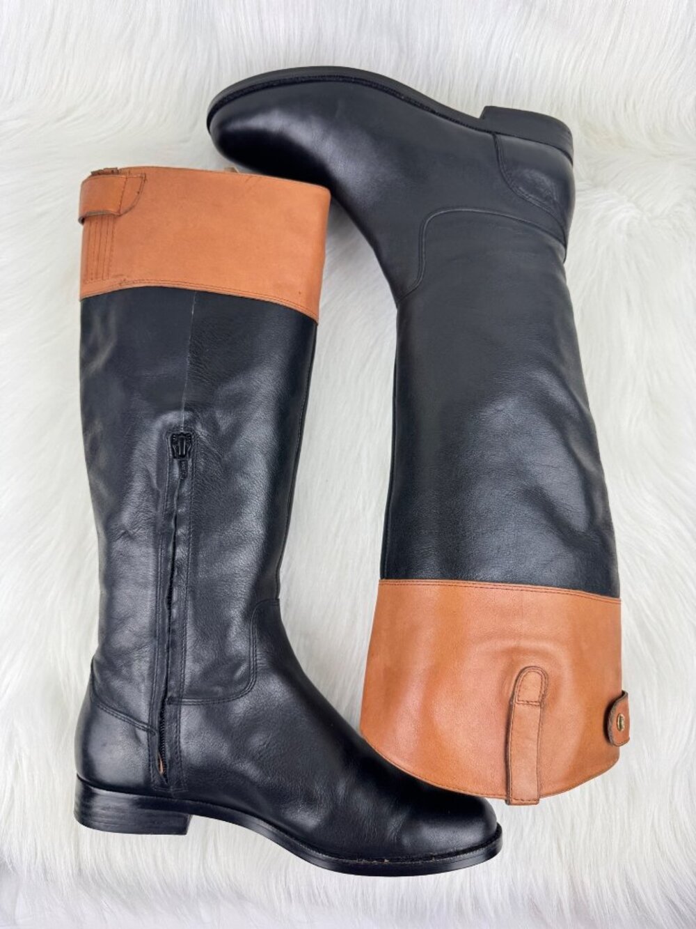 Wmns Lauren Ralph Lauren Jenessa Riding Boots 8B Tall Knee High Leather Blk Tan